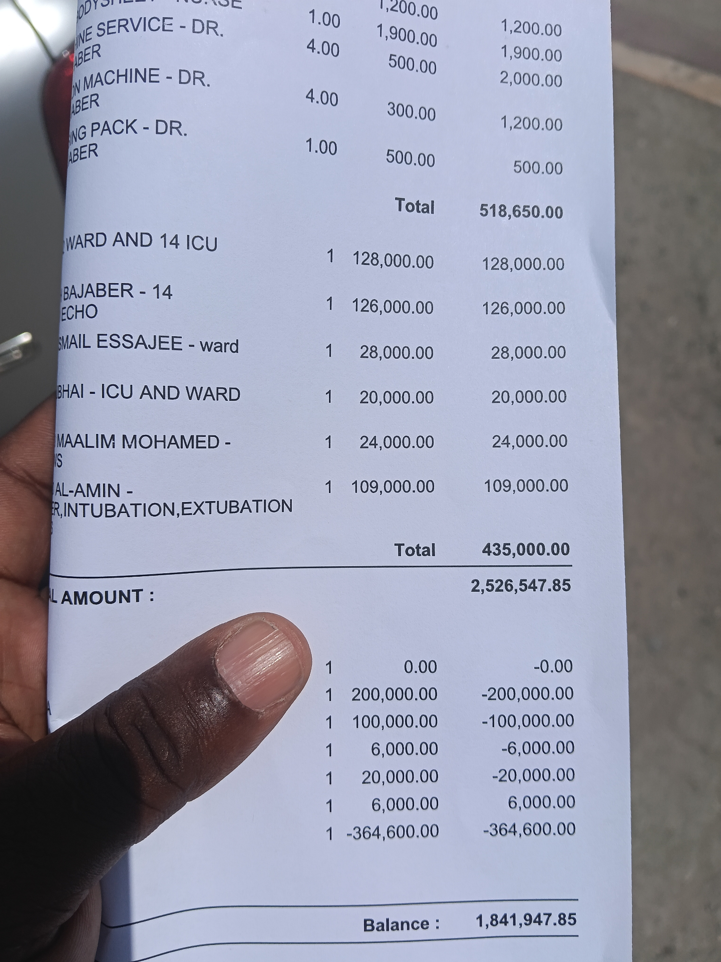 Excerpt of the hospital statement showing charges for ward and ICU care, doctor fees, and the outstanding balance