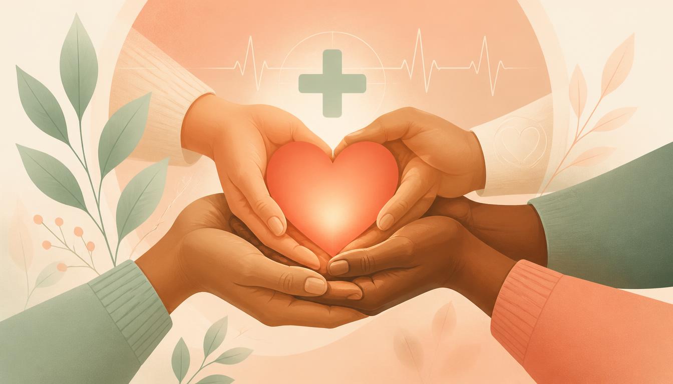 Compassionate illustration of hands cradling a heart with medical care symbols